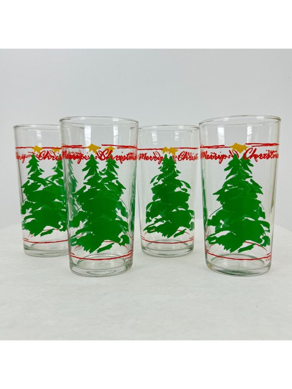 Vintage 1990 Abbey Press Merry Christmas Glass Tumbler Trees 4-Piece Set 12 oz